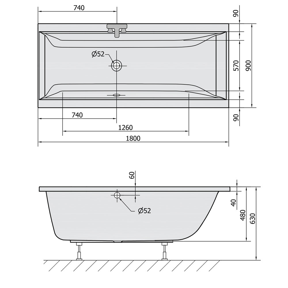 CLEO Rechteckwanne 180x90x48cm, grau