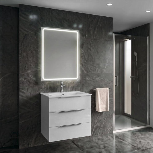 CIRASA Badezimmerschrank 60cm mit Waschtisch und LED Spiegel, 3 Schubladen, weiß