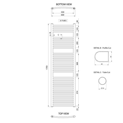ALYA Badheizkörper gebogen 600x1703mm, 700W,Chrom