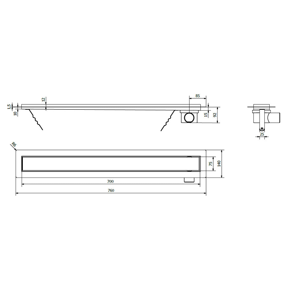PAVINO Bodenrinne aus Edelstahl mit Rost für Fliesen, L-760, DN50