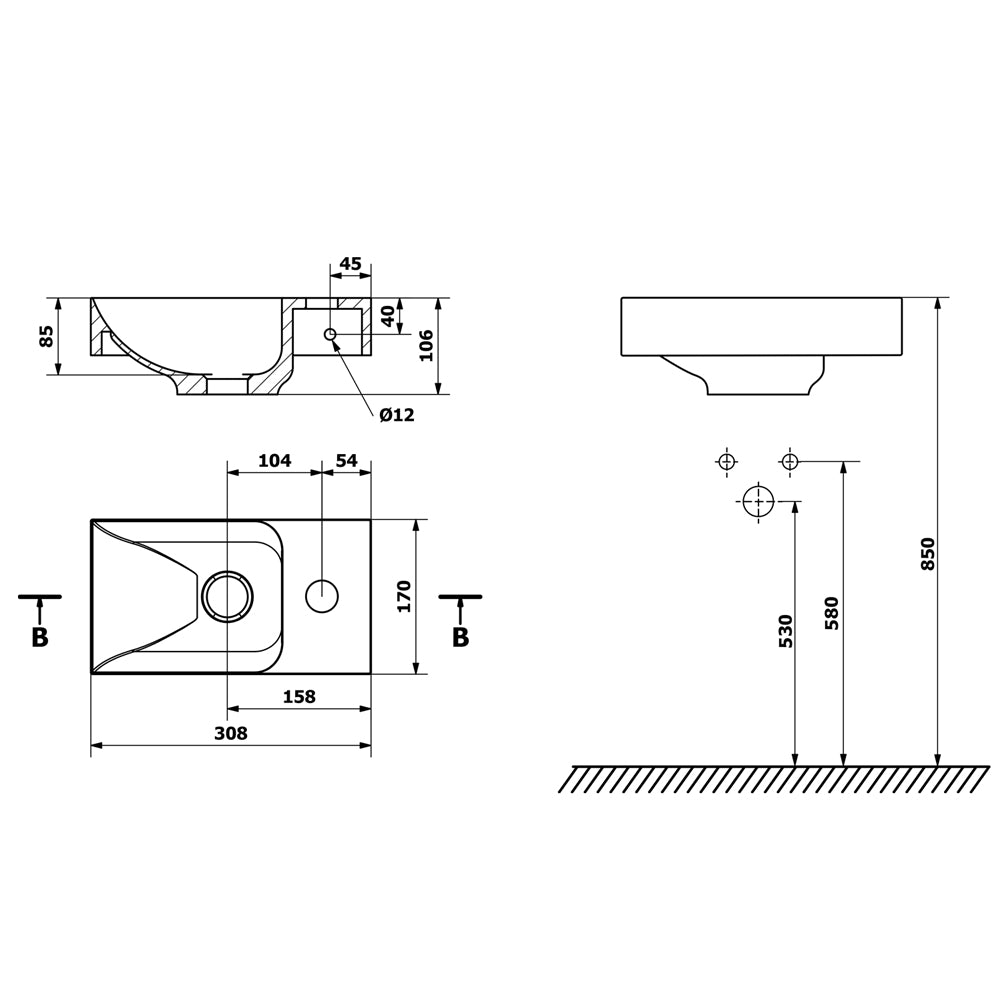 PICCOLINO Beton-Waschbecken 30,8x10x17cm, Armaturloch rechts, Rosa