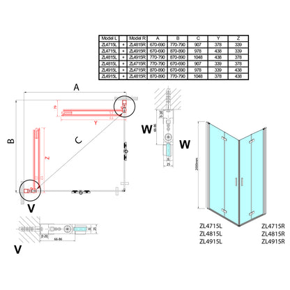 ZOOM LINE Duschfalttür 900 mm, rechts, Klarglas