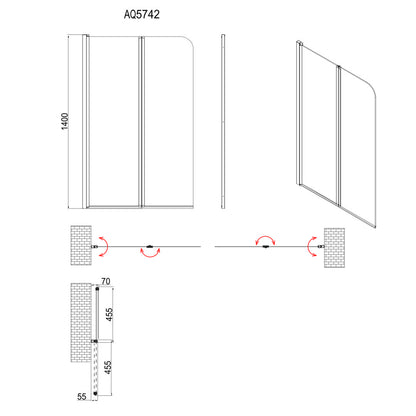 WILA Wannenabtrennung 900x1400mm, Schwarz, Klarglas