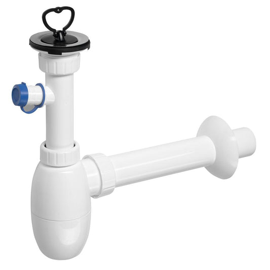 Waschtisch-Siphon,Edelstahl, 5/4'Abfluss 40mm mit Abzweig, Stopfen, Kunstsfoff