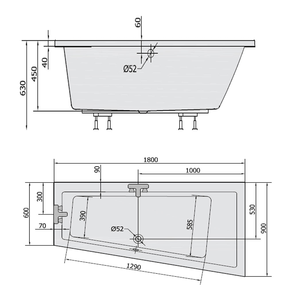Raumspar Badewanne ANDRA, 180x90x45cm, rechts, weiß