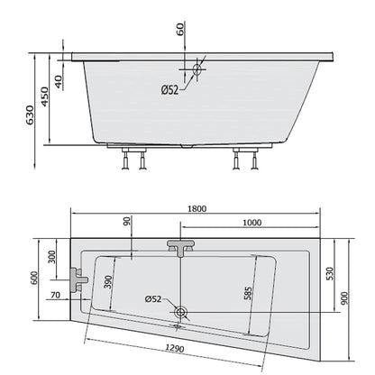 Raumspar Badewanne ANDRA, 180x90x45cm, rechts, weiß