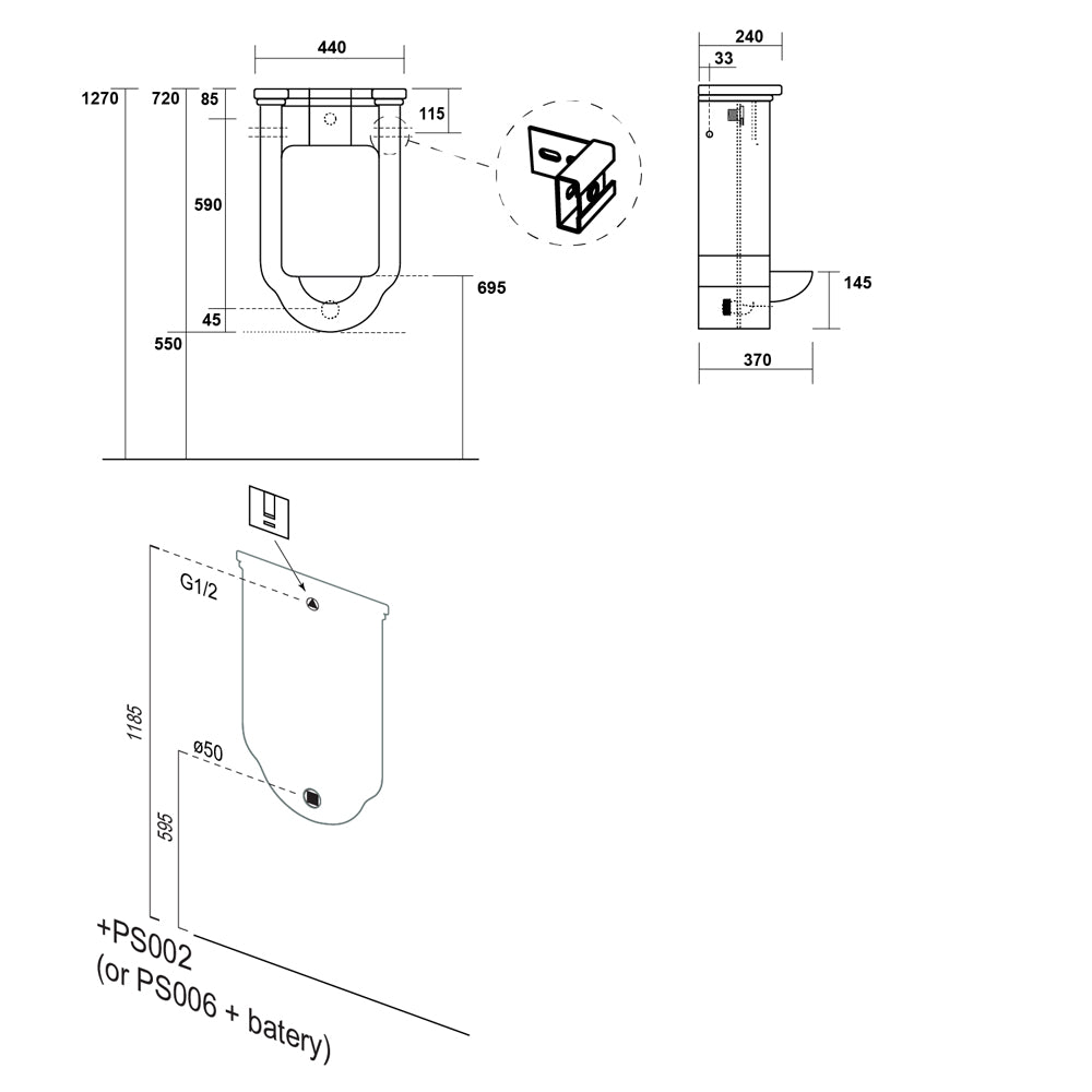 WALDORF Urinal 44x72cm, inkl. Siphon und Befestigungsset, schwarz matt