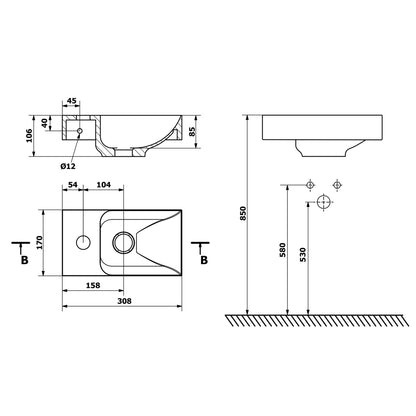 PICCOLINO Beton-Waschbecken 30,8x17cm, Wasserhahn linken, Grau matt