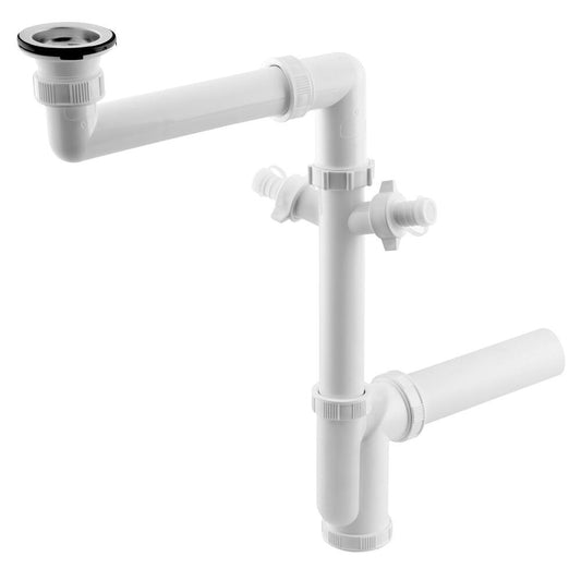 Raumspar-Siphon, 2 Geräteanschlüsse, Edelstahl-Ablauf mit Stopfen, 6/4", DN40, Weiß