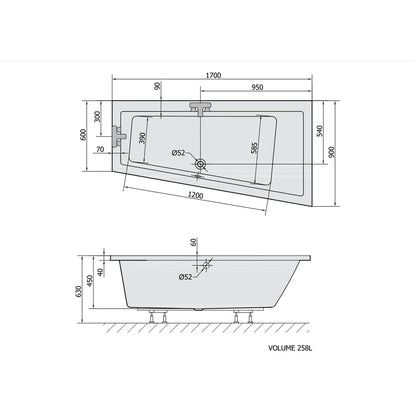 ANDRA R asymmetrische Badewanne 170x90x45cm, rechts, Weiss Matt