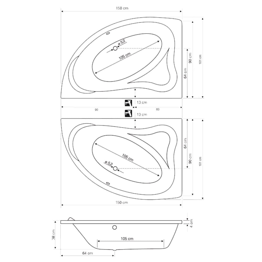 ORAVA Badewanne 150x90x38cm ohne Füße, links, weiß