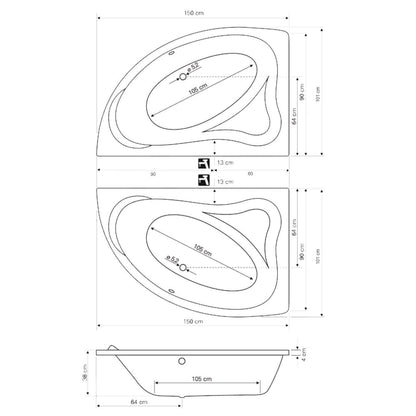 ORAVA Badewanne 150x90x38cm ohne Füße, links, weiß