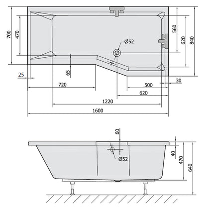 VERSYS R asymmetrische Badewanne 160x84x70cm, rechts, weiß