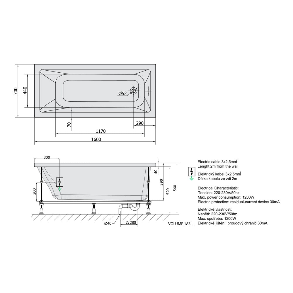 NOEMI Whirlpool-Badewanne, 160x70x39cm, Highline Hydro-Air, Chrom