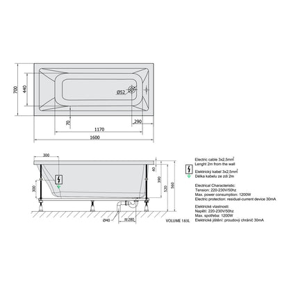 NOEMI Whirlpool-Badewanne, 160x70x39cm, Highline Hydro-Air, Chrom