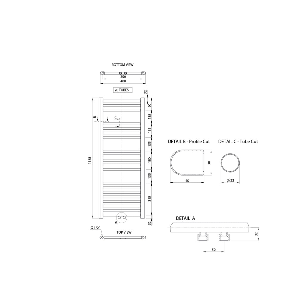 ALYA Badheizkörper gerade 400x1188mm, 300W, Mittelanschluss, Chrom