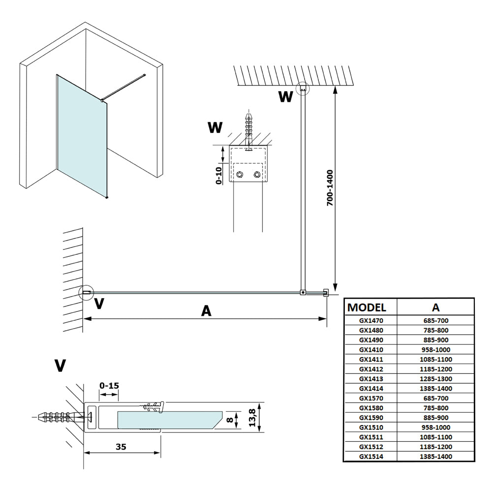VARIO BLACK Walk-In Duschwand, Nordic Glas, 900 mm