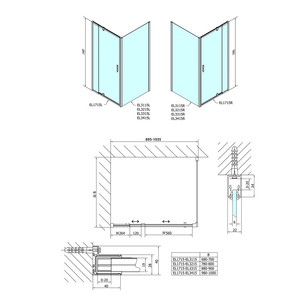 Easy Line Rechteckige Duschkabine Drehtür900-1000x800mm L/R Variante