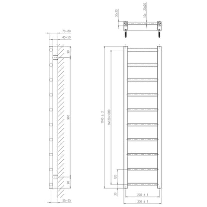 METRO LIGHT Badheizkörper 300x1140 mm, 200W,Schwarz matt