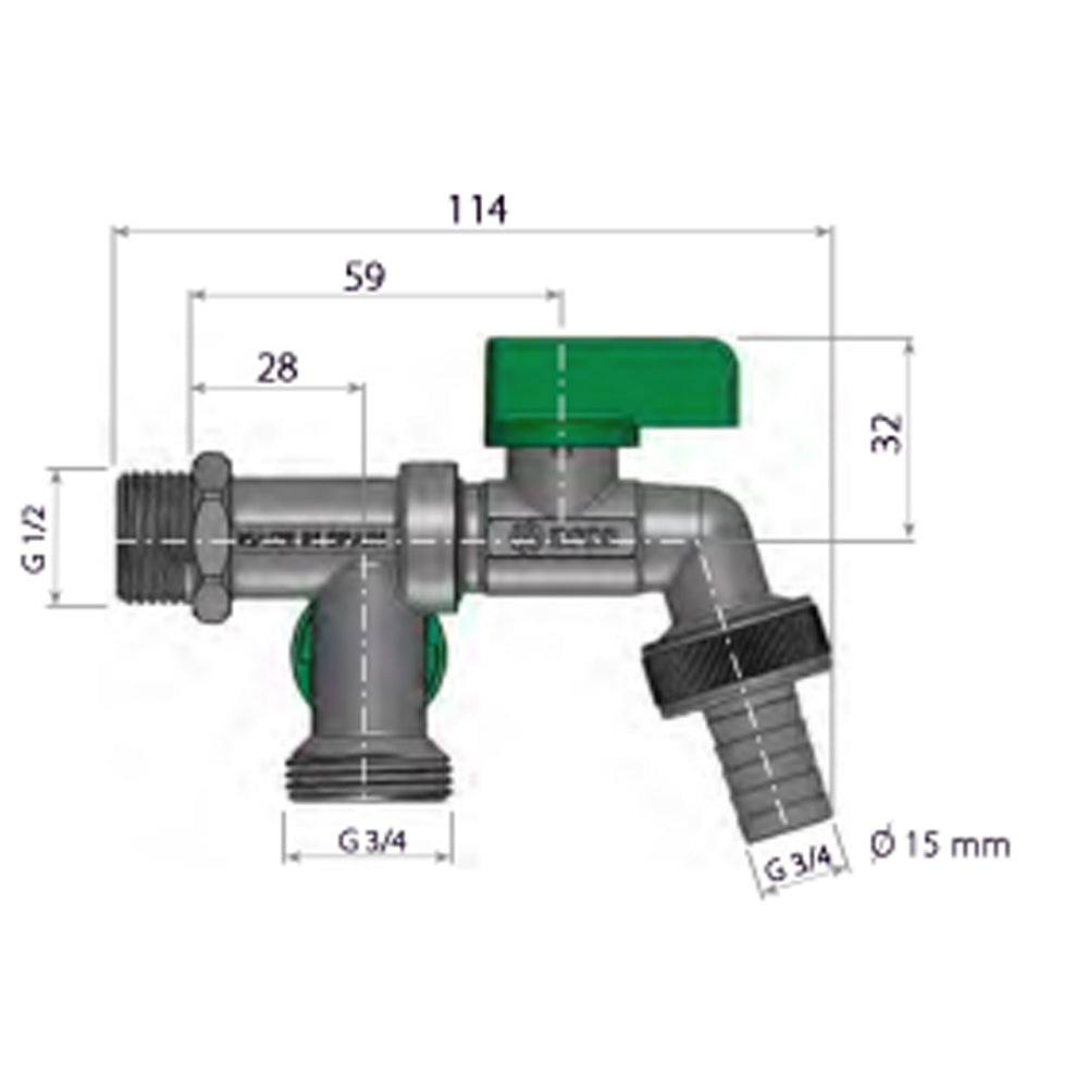 Garten Ventil mit zwei Ausgängen Nano 1/2"x3/4"x3/4", anticalc