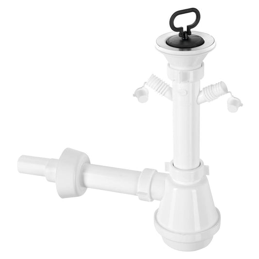Waschtisch-Siphon, 2 Geräteanschlüsse, Edelstahl-Ablauf 80 mm, Stöpsel mit Griff, DN40/32, weiß