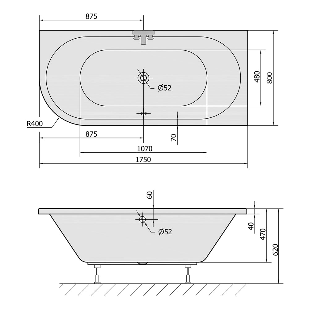VIVA R asymmetrische Badewanne 175x80x47cm, rechts,dunkelgrau