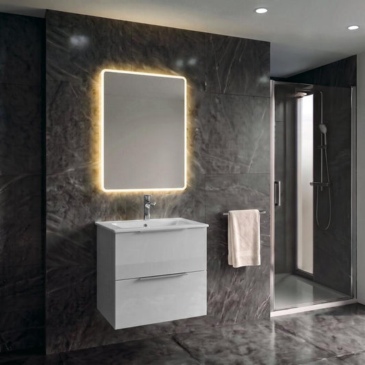 CIRASA Badezimmerschrank 50cm mit schmalem Waschtisch und LED Spiegel, 2 Schubladen, weiß