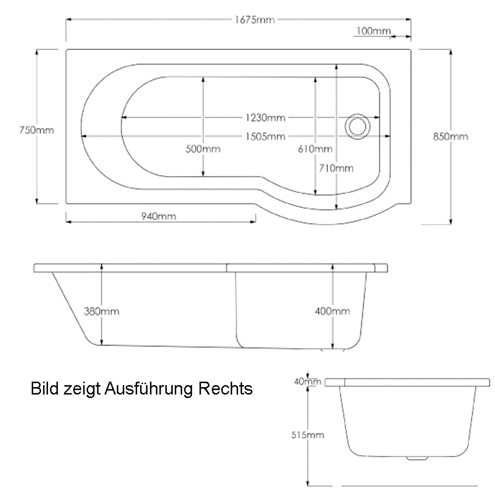SKALI Badewanne mit Duschzone 167,5x85/75x40 cm, links, weiß