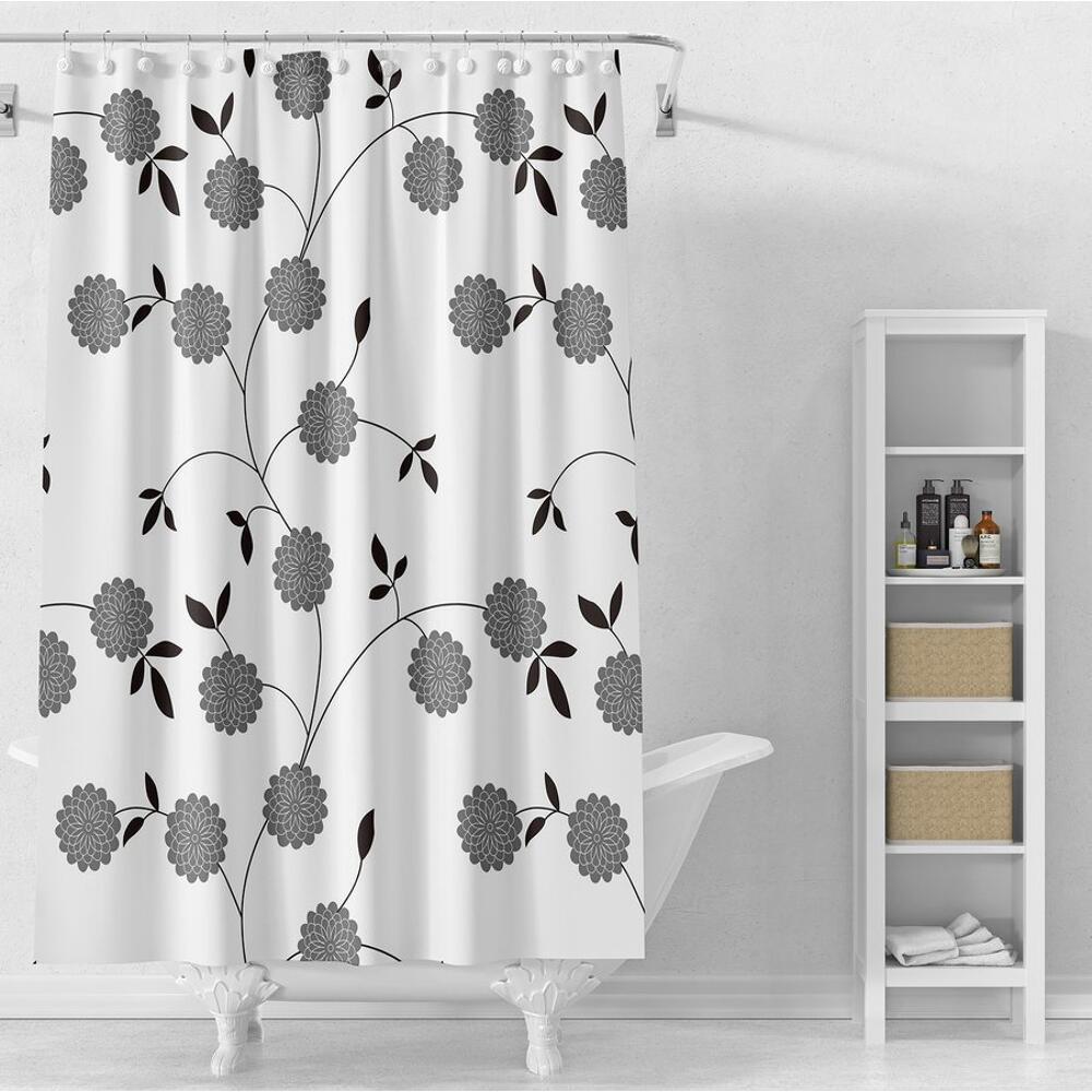 Duschvorhang 180x180cm, Vinyl, Weiß, schwarze Blumen