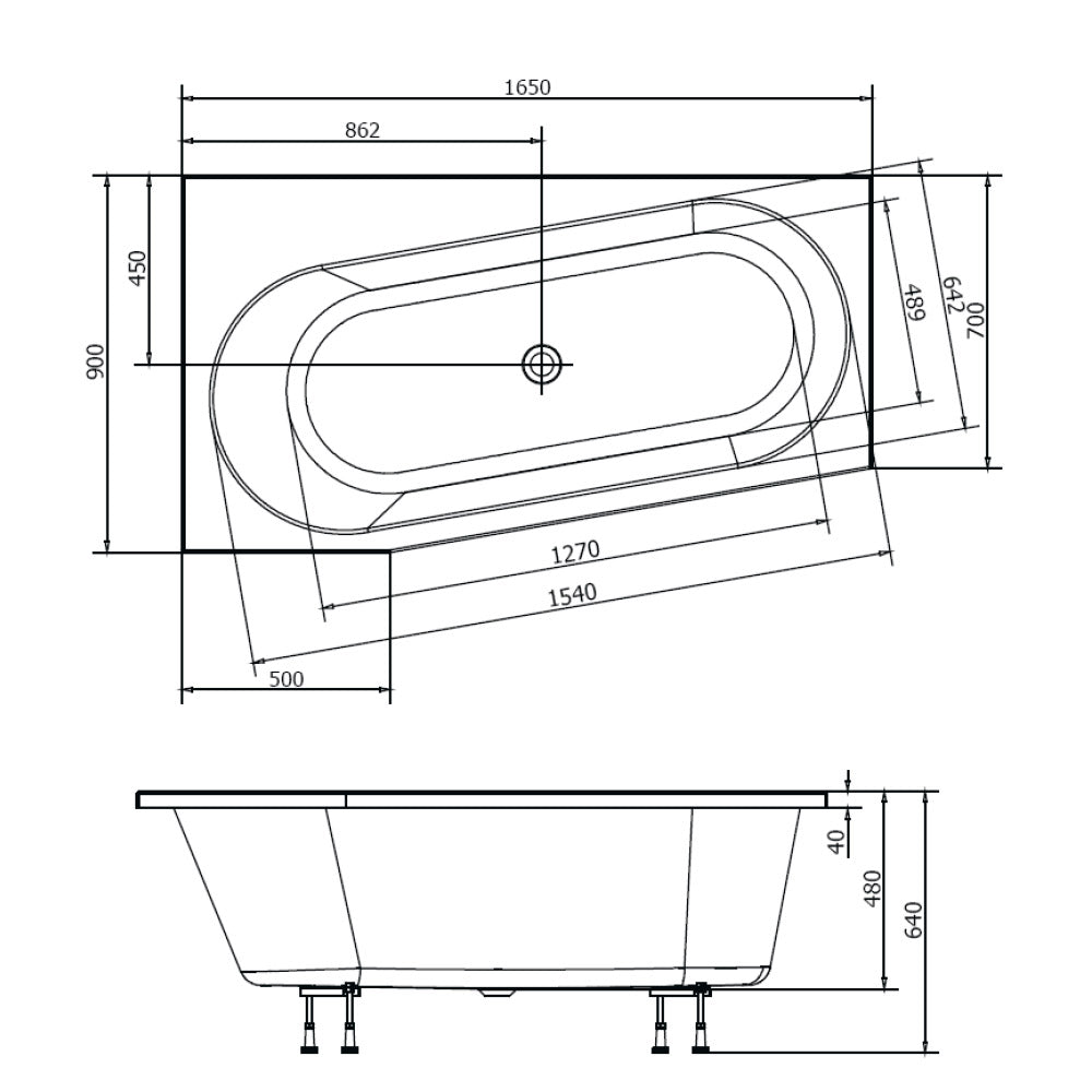 Raumspar Badewanne ASTRA WL165x90x48cm, links, weiß