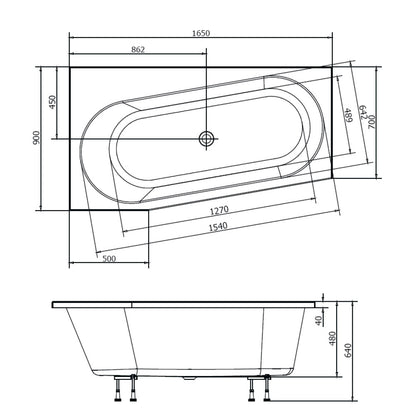 Raumspar Badewanne ASTRA WL165x90x48cm, links, weiß