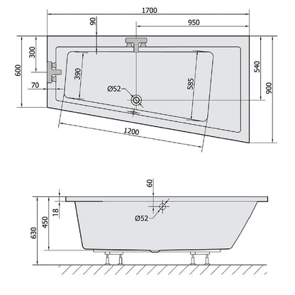 ANDRA R SLIM asymmetrische Badewanne 170x90x45cm, weiss