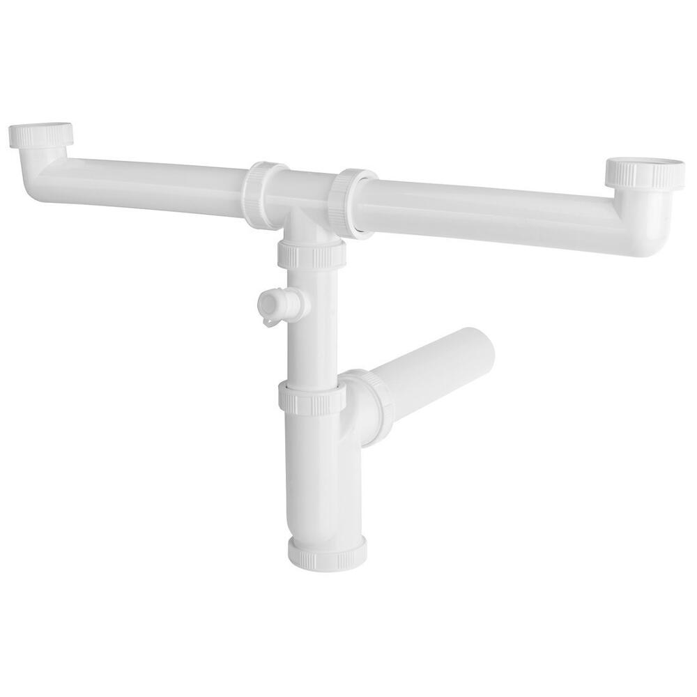Spülensiphon mit Anschluss an Waschmaschine 6/4“, für Doppelspülen, DN50, Weiß