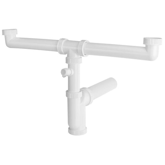 Spülensiphon mit Anschluss an Waschmaschine 6/4“, für Doppelspülen, DN50, Weiß