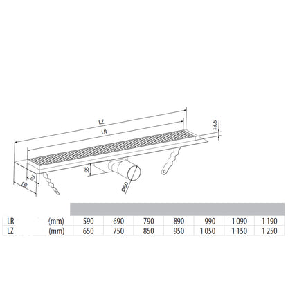 MANUS ONDA Bodenrinne aus Edelstahl mit Rost, wandhängend, L-850, DN50