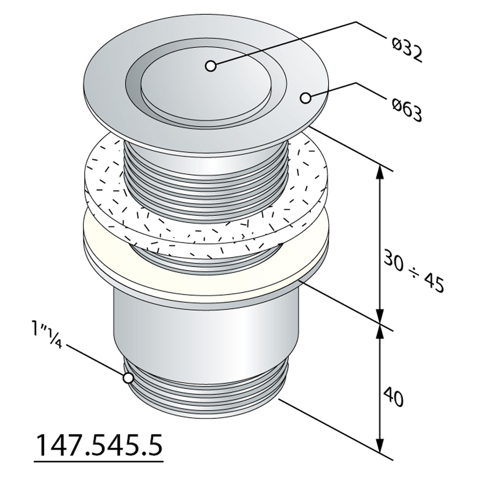 Nicht verschließbare Ablaufgarnitur 5/4“, H.30-45mm, Design Stopfen, Chrom