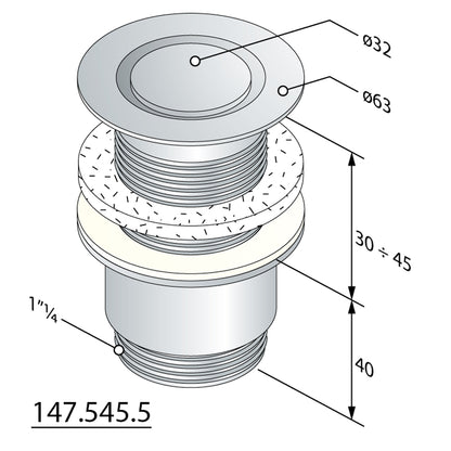 Nicht verschließbare Ablaufgarnitur 5/4“, H.30-45mm, Design Stopfen, Chrom