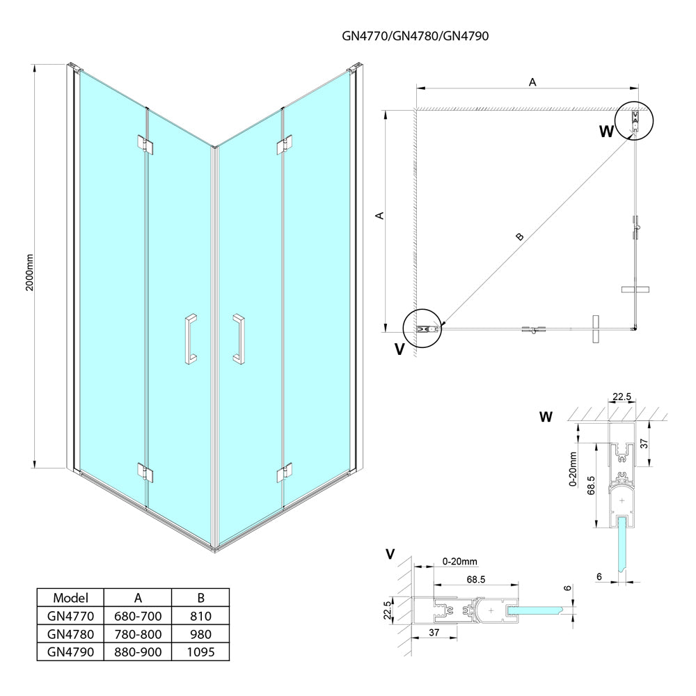 LORO Eckige Duschkabine 800x800 mm, Eckeinstieg