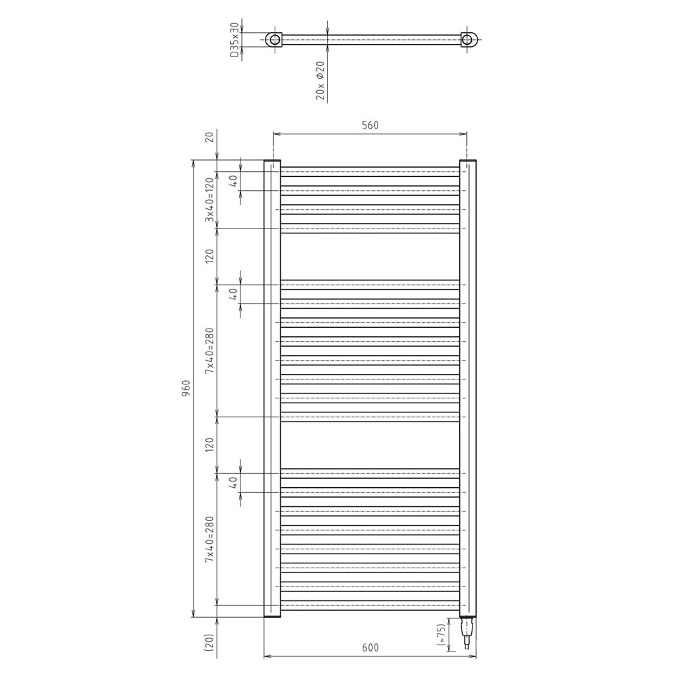 DIRECT-E Elektrischer Badheizkörper, gerade, 600x960 mm, 400 W, Schwarz