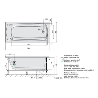 LILY Whirlpool-Badewanne, 140x70x39cm, Active Hydro-Air, Chrom