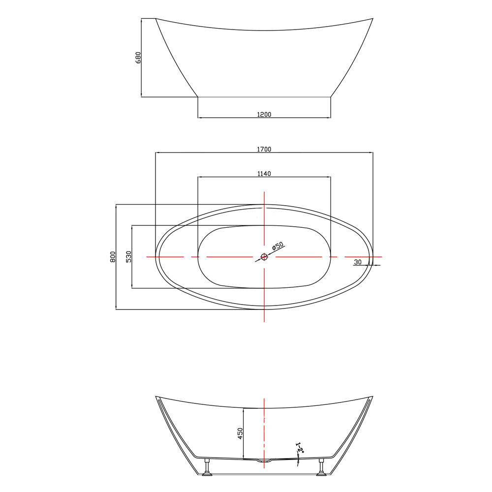 AVILA freistehende Badewanne 170x80x68cm, Weiß