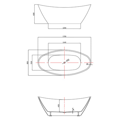 AVILA freistehende Badewanne 170x80x68cm, Weiß