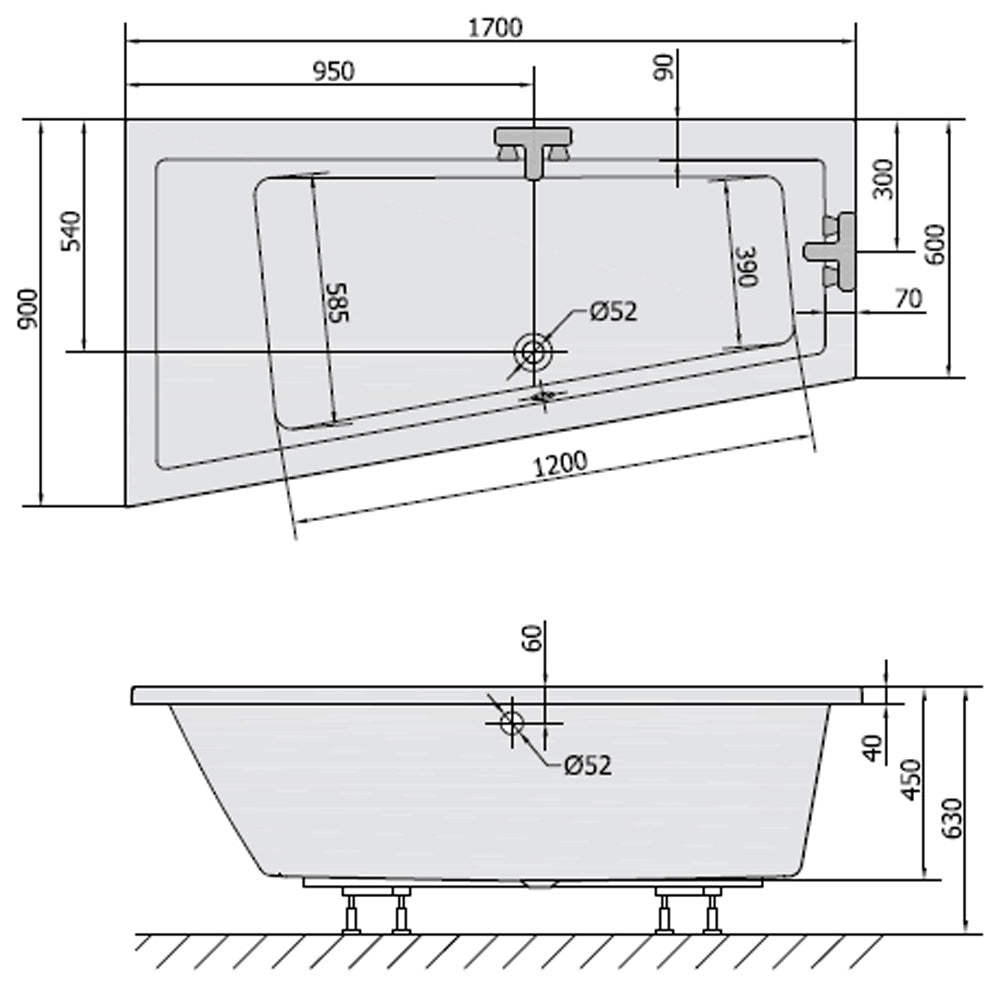 Raumspar Badewanne ANDRA 170x90x45cm, links, weiß