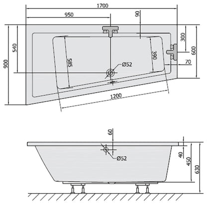 Raumspar Badewanne ANDRA 170x90x45cm, links, weiß