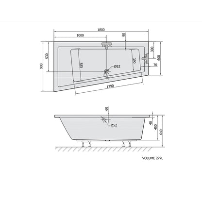 Raumspar Badewanne ANDRA, 180x90x45cm,links, dunkelgrau