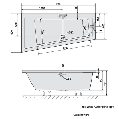 Raumspar Badewanne ANDRA, 180x90x45cm, links, weiß