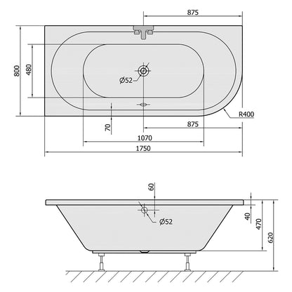 VIVA L Asymmetrische Badewanne 175x80x47cm, links, weiß matt