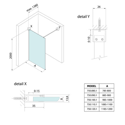 SPITZA Duschabtrennung WALK-IN, 1000mm, Klarglas