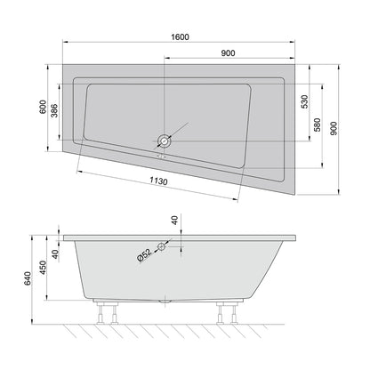Raumspar Badewanne ANDRA 160x90x45cm, rechts,weiß