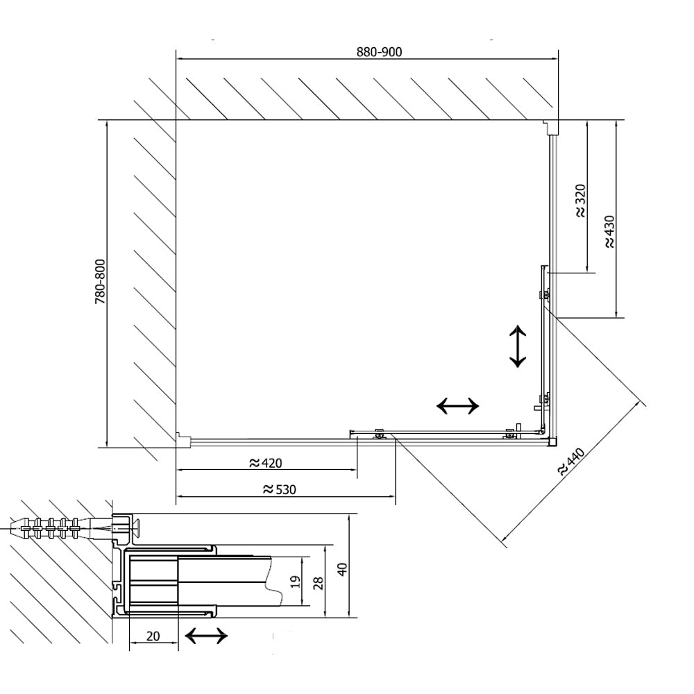 EASY LINE Duschabtrennung  Rechteck 900x800mm L/R Variante